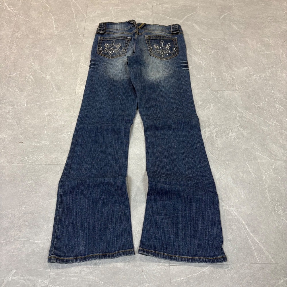 Southpole Womens Y2K Flare Jeans Rhinestone Pocket Dark Wash Low Rise Size 9